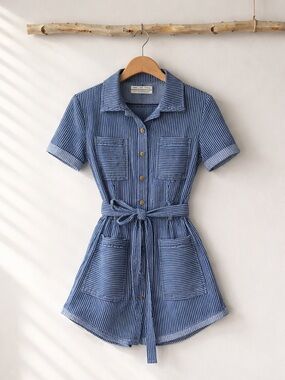 Urban Outfitters Blue Striped Short-Sleeve Romper with Tie Waist